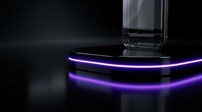 Close up shot of modern transparent glass object on dark glossy stand with vibrant purple underglow light illuminating the scene.