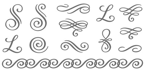 Fototapeta premium Grey calligraphic text dividers and ornate swash borders ornament set