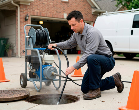 Professional plumber flushing sewer drain with high pressure water jetter. Male worker cleaning underground pipe through open manhole on residential driveway. Plumbing maintenance service