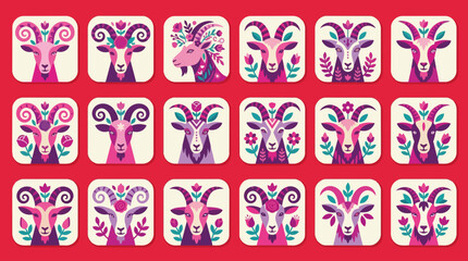 Obraz premium Goat head icon set. Decorative floral animal portraits