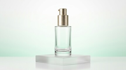 Naklejka premium Clear glass perfume bottle with gold pump dispenser on a frosted glass display stand, minimalist elegant cosmetic packaging, luxury beauty product mockup.