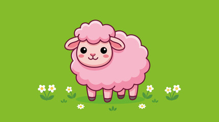 Naklejka premium Cute pink sheep in a meadow. Flat design illustration with flowers. Vector graphic isolated on white background