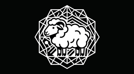 Fototapeta premium Sheep zodiac symbol in geometric frame. Minimalist line art illustration. Vector graphic isolated on black background