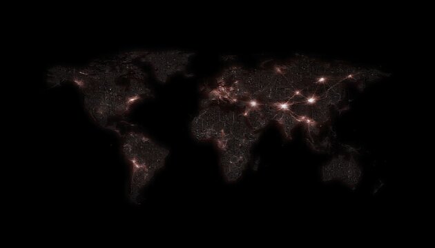 A world map with glowing city lights on a black background representing global urbanization and connectivity at night