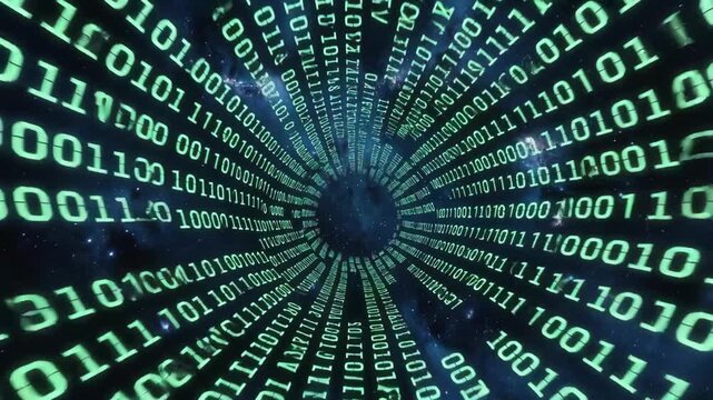 Binary code shaping a swirling tunnel in digital style on a cosmic background, expressing a concept of data flow and information motion