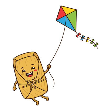 Cute cartoon tamale character flying colorful kite with happy expression isolated on white background.