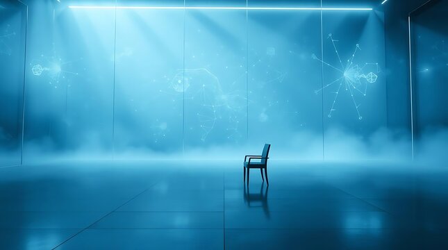 Modern digital stock market trading room with glowing blue screens and data tickers