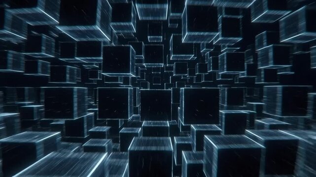 Dark scene with glowing cubes in futuristic style on black background, concept of digital depth and cyber space