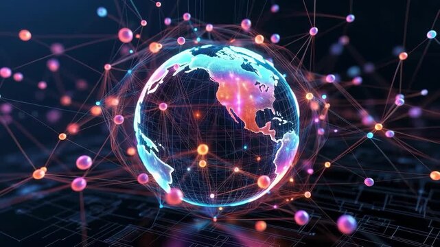 Glowing Earth with colorful network nodes in futuristic style on dark background, concept of global connectivity and data flow