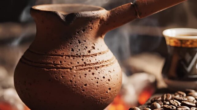 Traditional Turkish Coffee Preparation with Ibrik and Beans.