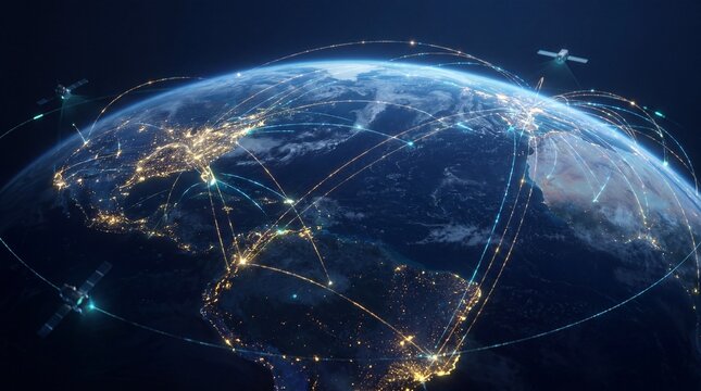 Global digital network over planet Earth, satellite communication system in outer space, futuristic world connectivity with glowing data lines