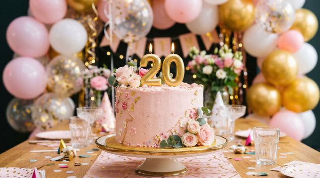 Elegant 20th birthday celebration cake with floral decorations and festive balloons, creating a joyful party atmosphere for milestone celebrations.