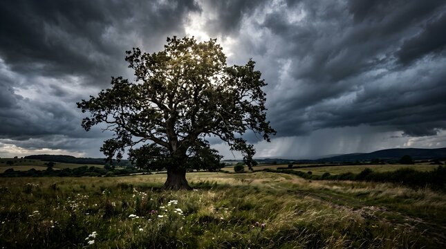 Dramatic oak tree in a stormy landscape, lone tree under dark thunderclouds and sun rays, moody rural field with approaching rain storm