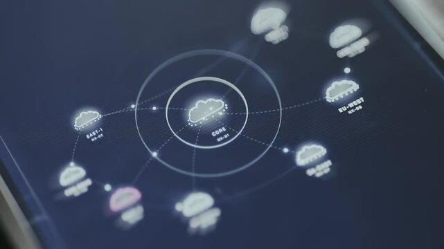 Core hub connected to various satellite nodes labeled as regions
