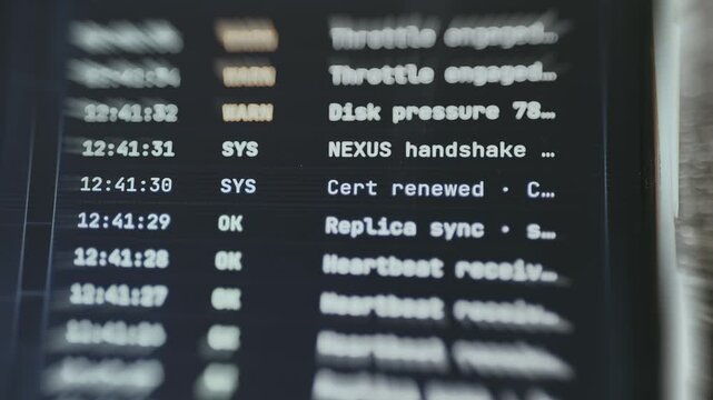System log screen tracking server operations, heartbeats and database synchronization statuses