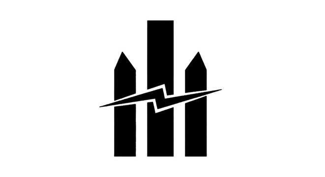 Minimal black silhouette icon, simple flat vector, bold black shape, no, no shading abstract logo design featuring three vertical pillars and a lightning bolt on a, flat icon style