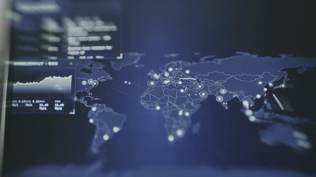 Futuristic data visualization dashboard for monitoring global network traffic with world map visualization