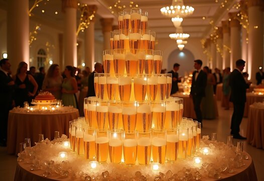 Cascading Champagne Tower at Grand Wedding Reception Towering Elegance and Layers of Glass