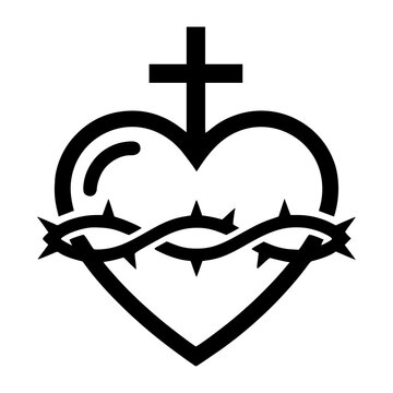 Christian Sacred Heart with cross and thorns symbol vector. Minimalist logo for church branding, religious Jesus devotion emblem
