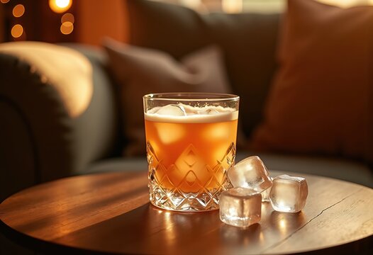 Evening Glass of Baileys Irish Cream on Ice Gems in Cozy Home Lounge Setting