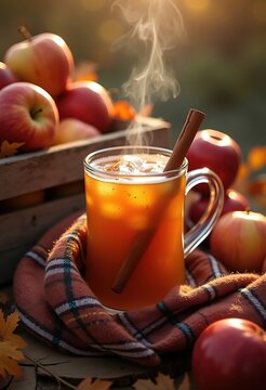 Rustic Autumn Market Apple Cider and Cinnamon Stick in Captivating Fall Scene