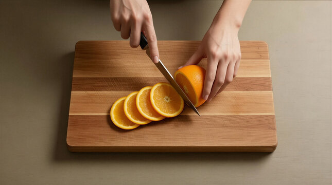 Slicing fresh orange on wooden cutting board in kitchen  