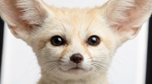 Extreme close-up of fennec fox with oversized ears and detailed facial texture. Isolated on White background