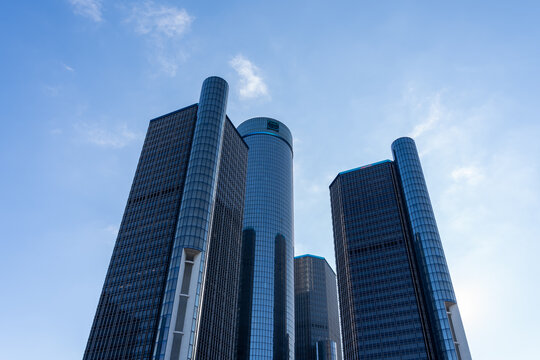 Detroit, Michigan, USA - December 28, 2021: General Motors Renaissance Center on the Detroit International Riverfront in Detroit, Michigan, USA