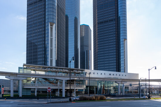 Detroit, Michigan, USA - December 28, 2021: General Motors Renaissance Center on the Detroit International Riverfront in Detroit, Michigan, USA