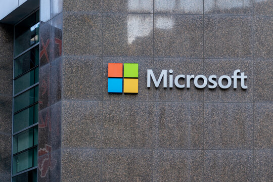 
Detroit, Michigan, USA - December 26, 2021: Microsoft logo on a granite wall at Microsoft Technology Center in Detroit, Michigan, USA. Microsoft Corporation (MSFT) is an American multinational comput