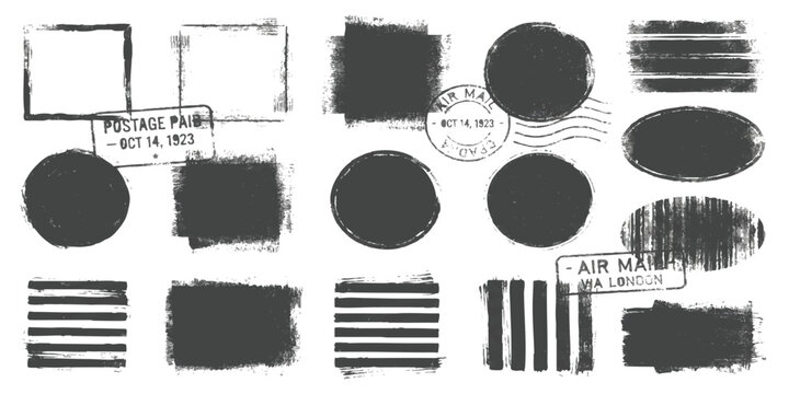 Retro postal postmark cancellation stamps set with grunge texture layouts