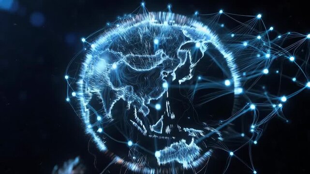 Glowing digital world map formed by neon lines in futuristic style on dark backdrop, concept of global connectivity