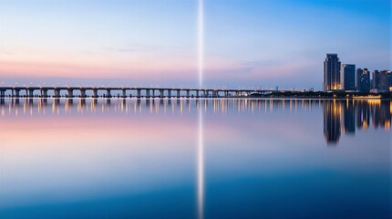 Fototapeta premium Waterfront View Of Bridge And City Buildings At Dusk