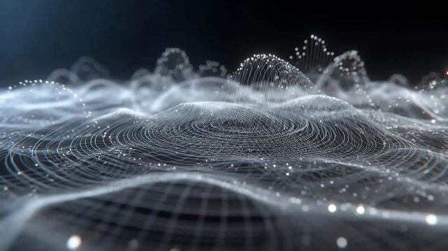 White concentric waves and particle lines forming abstract motion on dark backdrop, concept of energy flow and vibration