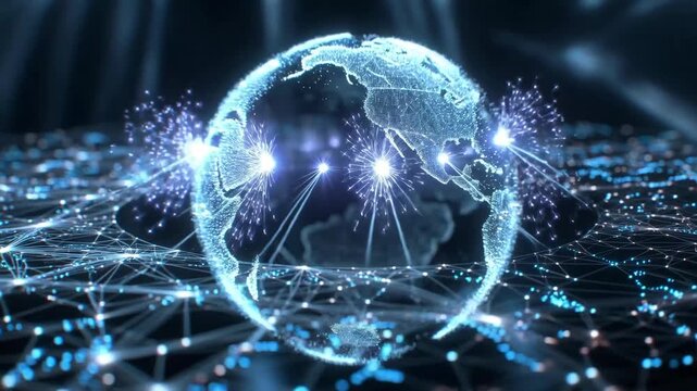 Glowing digital globe formed by light points over dark background, futuristic tech concept of global connectivity and data flow