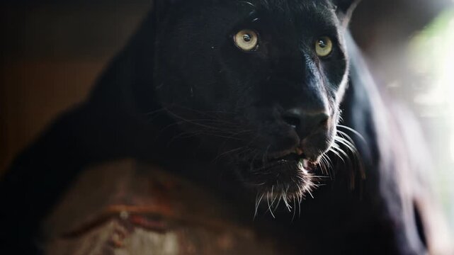 Powerful black panther portrait with intense gaze and dark background, cinematic wildlife 4K footage.