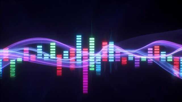 Bright equalizer bars with neon glow shown in abstract digital style on dark backdrop, concept of music energy flow