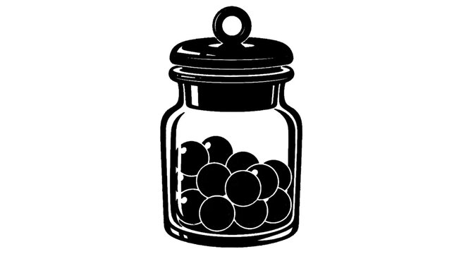 Minimal black silhouette icon, simple flat vector, bold black shape, no, no shading glass jar with lid filled with round candies or marbles illustration on a, flat icon style