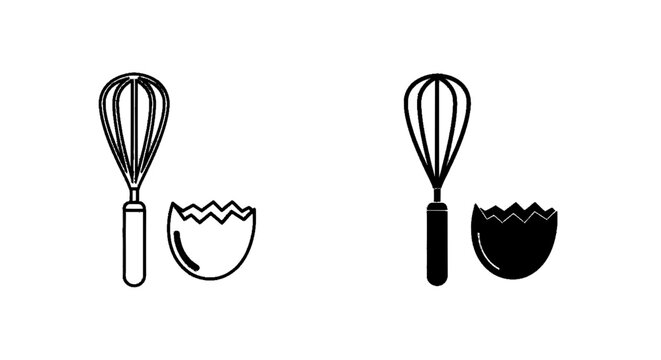 Minimal black silhouette icon, simple flat vector, bold black shape, no, no shading whisk and broken egg shell icon set on a, flat icon style