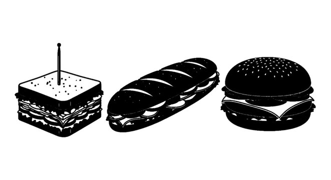 Minimal black silhouette icon, simple flat vector, bold black shape, no, no shading set of delicious fast food icons including sandwich, baguette and burger on a, flat icon style