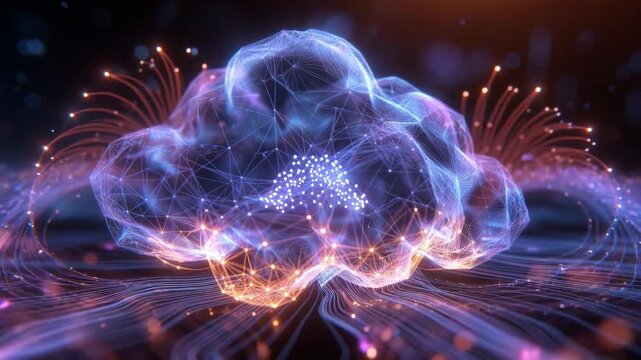 Abstract glowing cloud of neural connections in digital style on dark background, concept of data technology and innovation