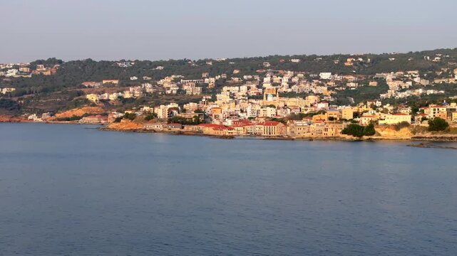 Beautiful Old city, Greece and best scenic places - panorama of picturesque old town Chania. Crete island, Panoramic of the old Venetian port and lighthouse during the blue hour, Travel Concepts