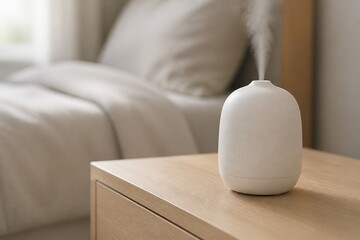 Fototapeta na wymiar Small white diffuser on wooden table near bed releases steam in a simple room setting