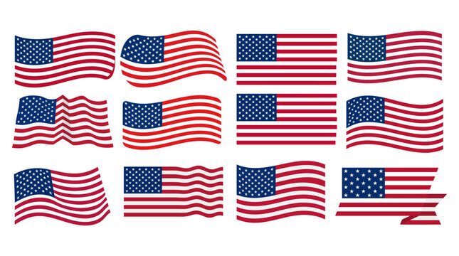 Waving Flags. Set Of American Flags On White Background. National Flags Waving Symbols. Banner Design Elements