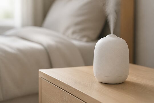 Small white diffuser on wooden table near bed releases steam in a simple room setting