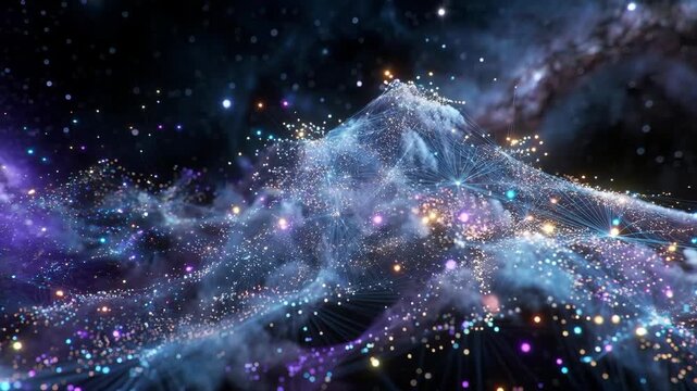 Glowing particle waves and nebula-like forms in abstract style on dark cosmic background, concept of energy flow and connectivity