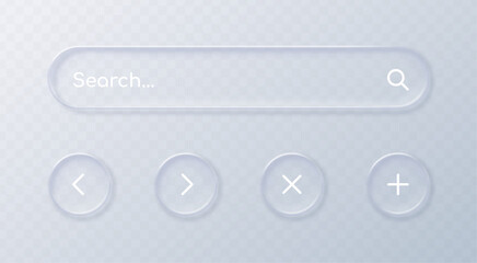Naklejka na ściany i meble Realistic liquid glass UI elements set with search bar and buttons isolated on transparent background. Modern minimalist design for user interface and website. Vector illustration