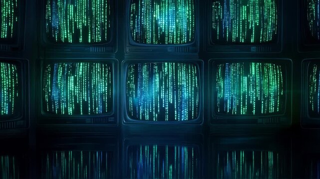 Green digital code falling on vintage television screens. Cyber security and data stream concept. Panning and tilting camera movement.