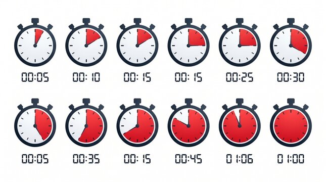 Sequence of twelve stopwatch icons with increasing red segments, symbolizing time progression, countdown, and measurement in modern visual design.