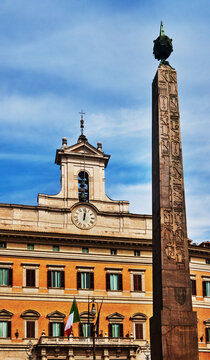 The Obelisk of Montecitorio (or Obelisco Solare), built in 595&ndash;589 BCE, positioned in front of the Palazzo Montecitorio in Rome, Italy, Europe 